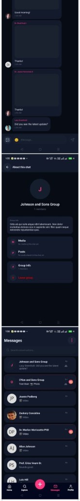 ReactHub messaging inbox, group info, and chat thread
